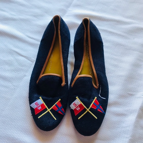 Stubbs & Wootton Navy Loafers with Colorful Flag Embroidery - Picture 2 of 10